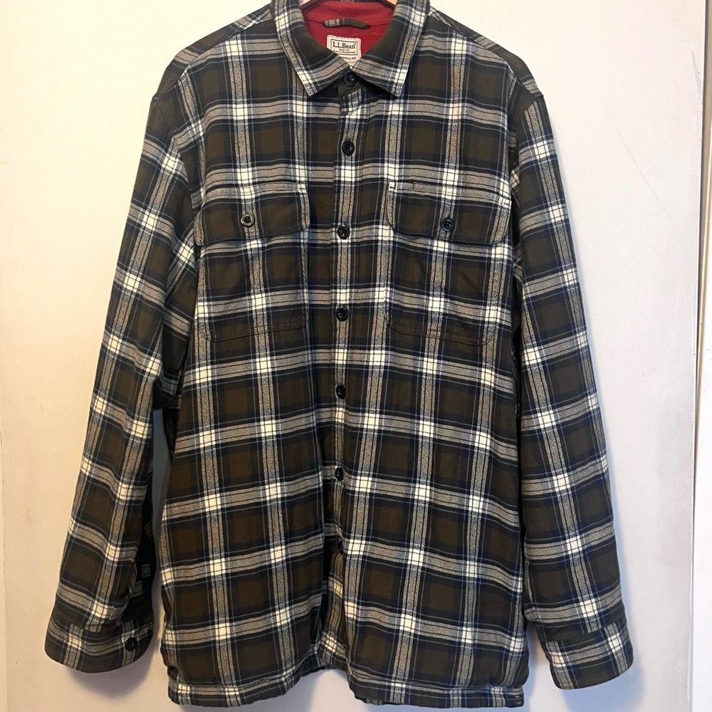 LL Bean Brown Spring Traditional Fit Plaid Flannel Fleece Lined Jacket Size L
